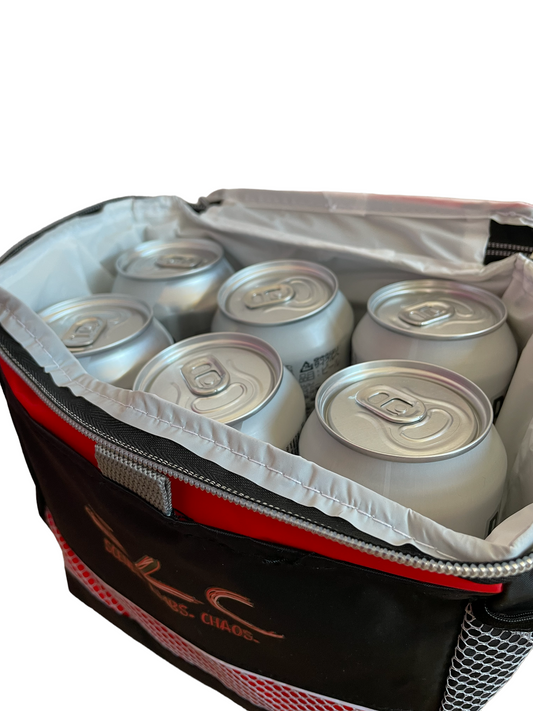 cool bag with 6 cans of lager